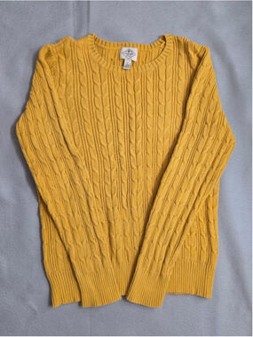 St. John's Bay Mustard Yellow Cable Knit Crewneck Sweater Womens Large Cotton